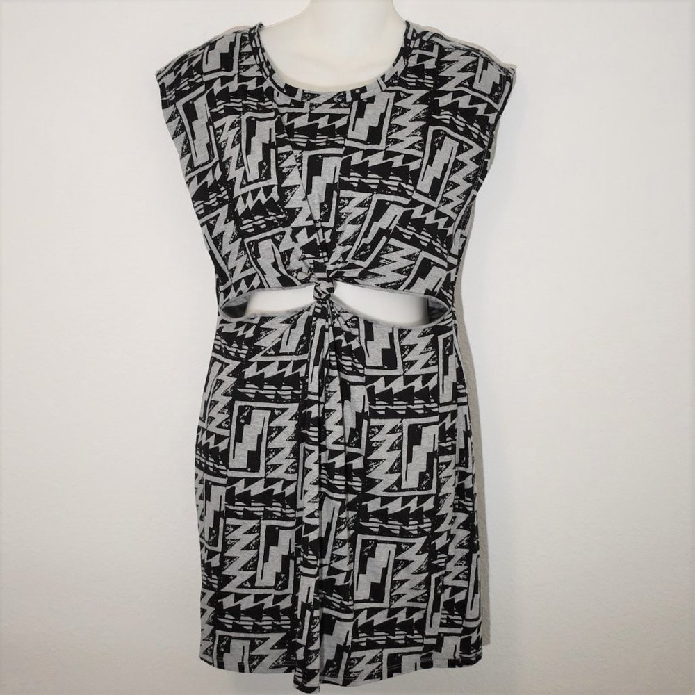 NWT Y2K Sz S Aztec 100% Cotton Front Tie T-Shirt Dress Cut Outs Boho Grunge
